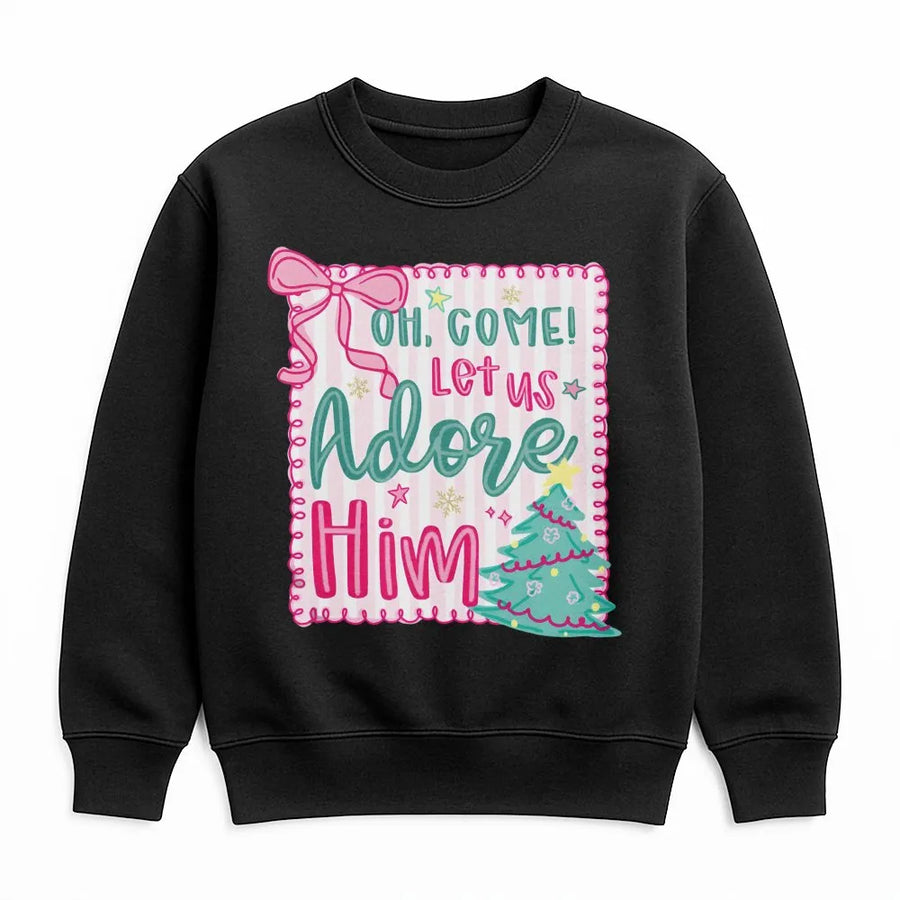 Oh Come Let Us Adore Him Sweatshirt | Pink Coquette Christmas Aesthetic | Premium Soft Cotton Blend | Religious Christian Holiday Gift for Her