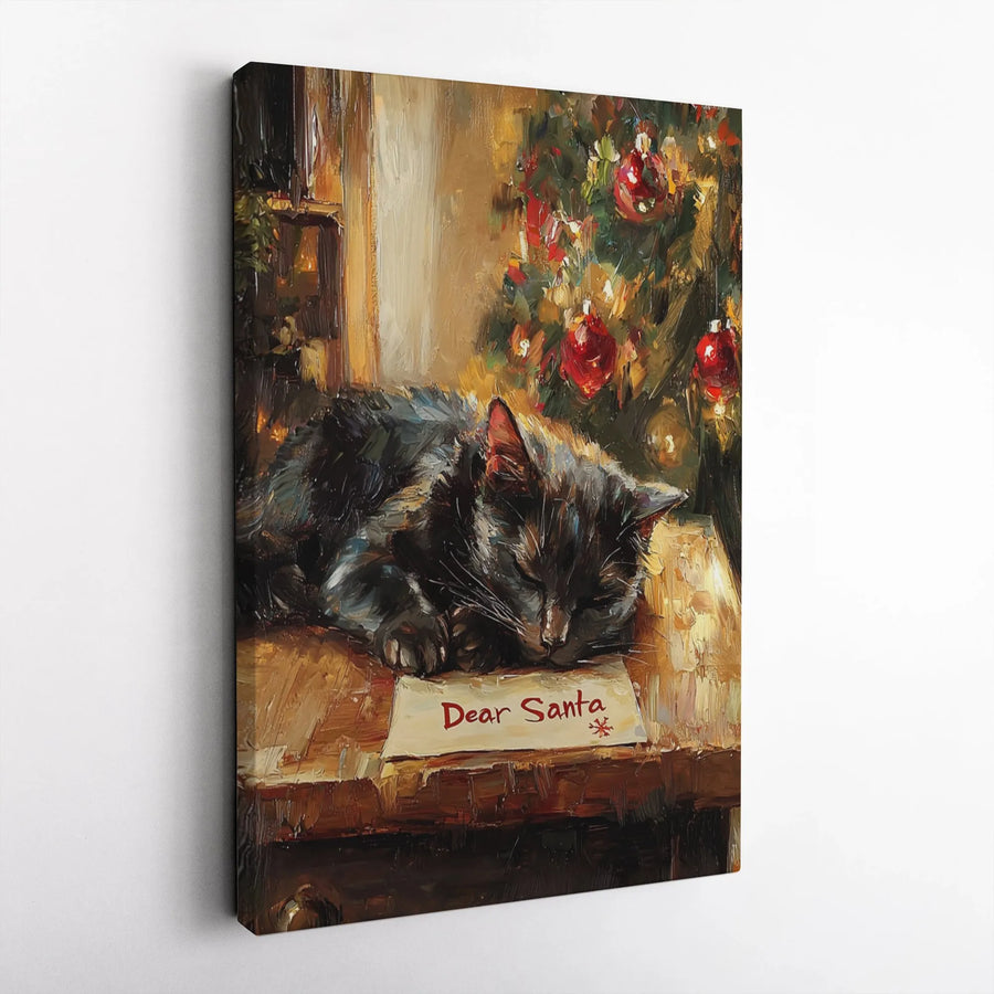 Christmas Cat Canvas Wall Art | Sleeping Black Cat with Santa Letter | Premium Gallery Print | Holiday Decor Gift for Cat Lover