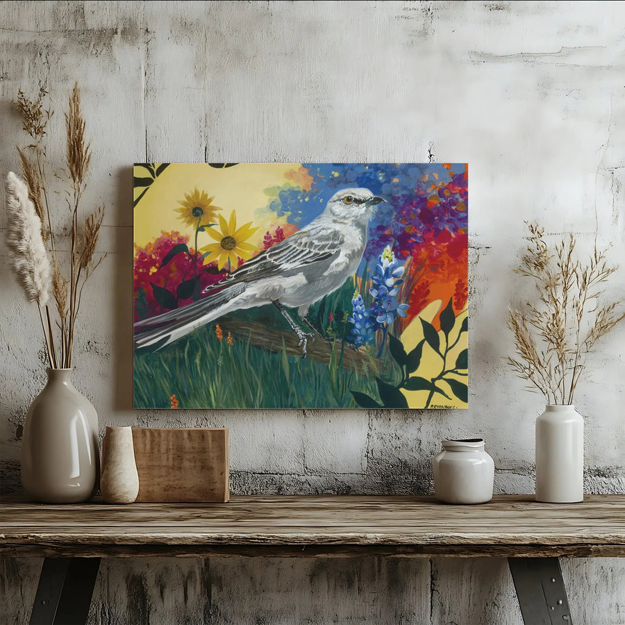 Texas Mockingbird and Bluebonnets Horizontal Canvas | Vibrant Wildflower Painting Style Wall Art | Premium 1.25" Gallery Wrap | Texas Pride Housewarming Gift