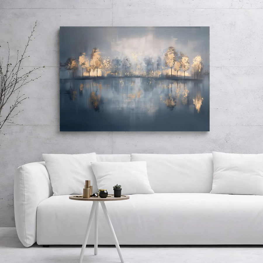 Abstract Blue and Gold Landscape Canvas Wall Art | Tree Reflection Print | 1.25-Inch Gallery Wrap | Modern Home Decor for Living Room
