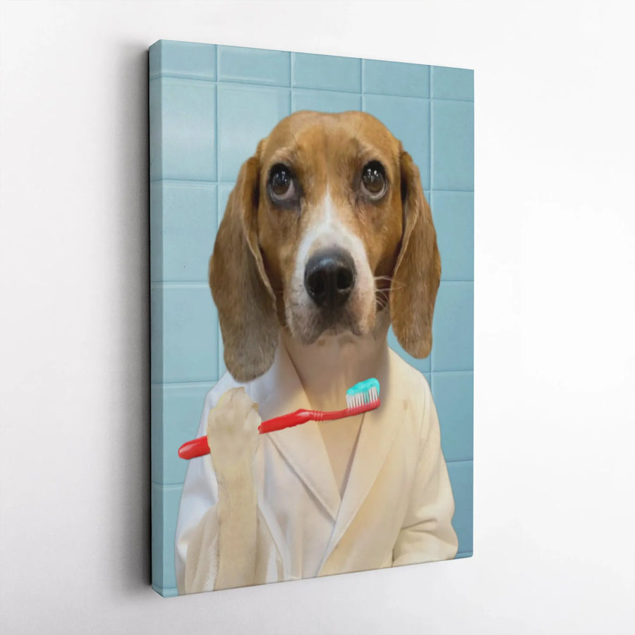 Beagle Dog Wall Art | Funny Bathroom Portrait With Toothbrush | Premium Gallery Wrapped Canvas | Whimsical Pet Lover Gift