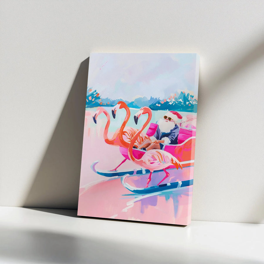 Tropical Santa Sleigh Canvas | Flamingo Christmas Wall Art | Premium Gallery Wrap Print | Festive Coastal Holiday Decor for Home Office