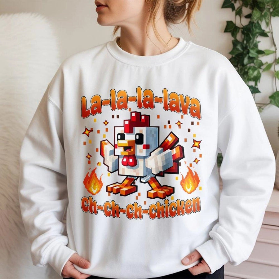 Pixel Chicken Sweatshirt | La-La-La-Lava Gaming Graphic | Soft Cotton-Blend Crewneck | Gamer Gift for Kids and Teens