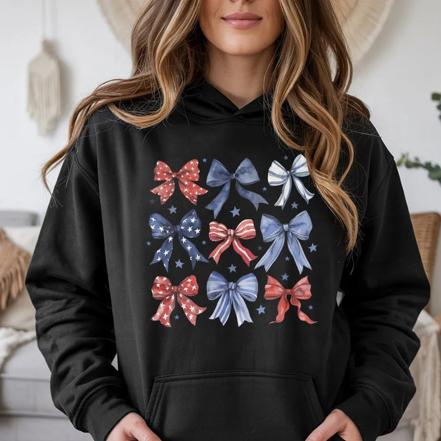 Patriotic Bows Hoodie | Watercolor American Flag Bows Print | Cozy Cotton Blend Pullover | 4th of July Gift for Women