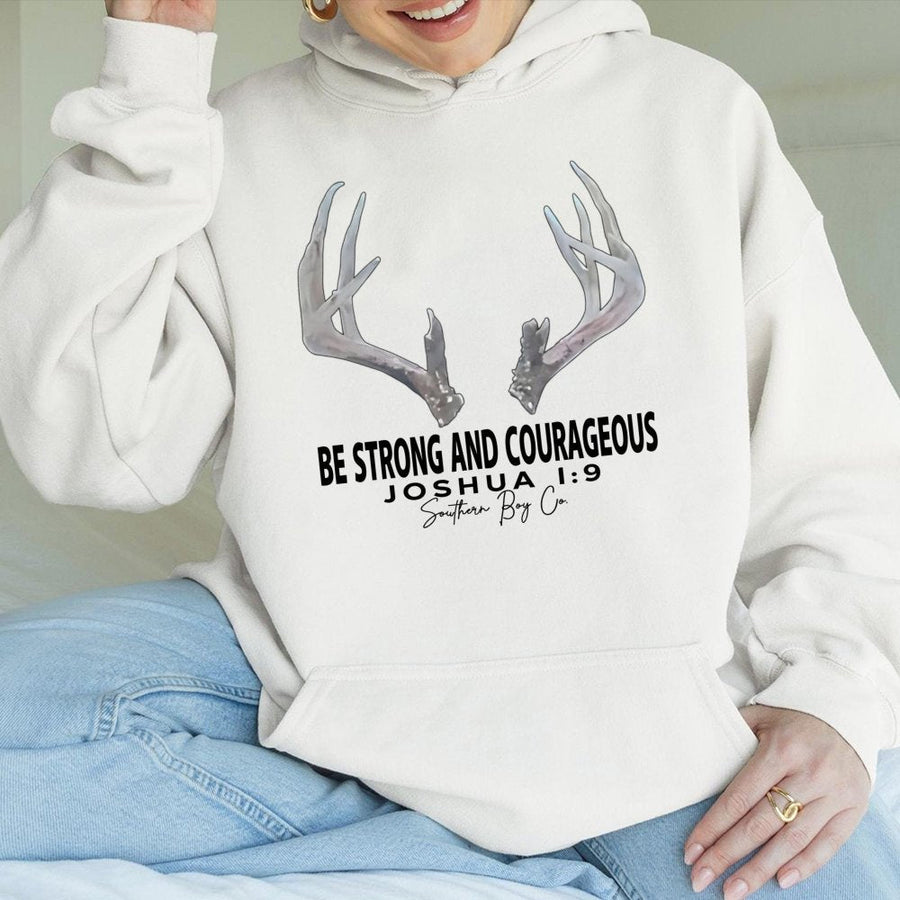 Joshua 1:9 Hoodie | Be Strong And Courageous Deer Antler Graphic | Premium Cotton Blend Unisex Sweatshirt | Christian Faith Gift For Hunters