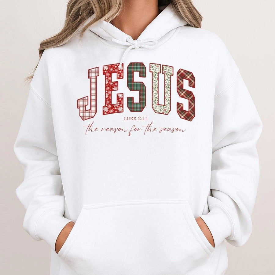 Jesus The Reason For The Season Hoodie | Plaid Lettering Bible Verse Graphic | Premium Cotton Blend Sweatshirt | Christian Christmas Gift For Her