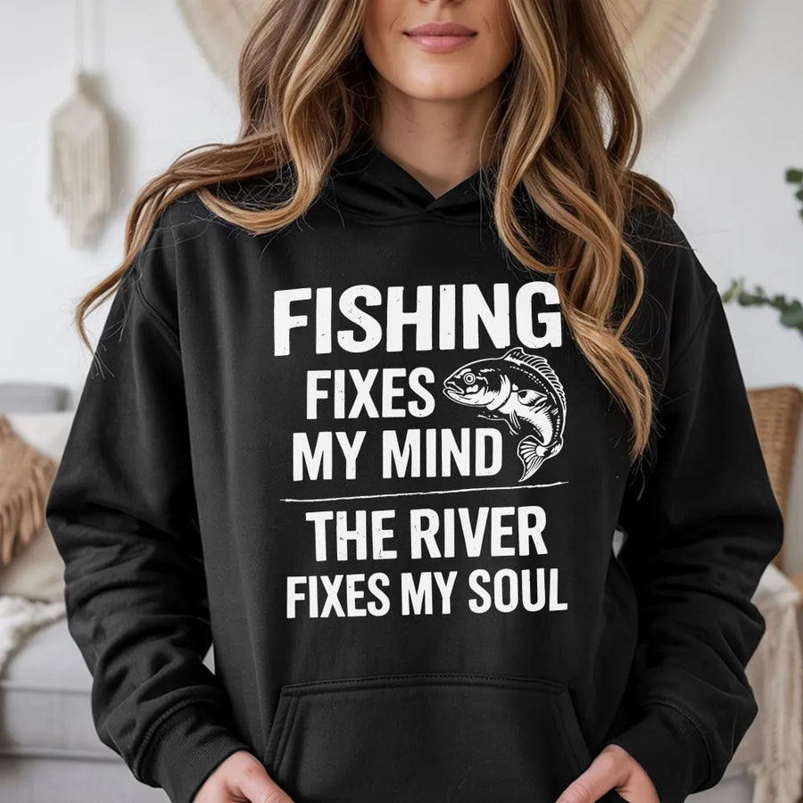 Funny Fishing Hoodie | Fishing Fixes My Mind River Fixes My Soul | Soft Cotton Blend Pullover | Unique Gift for Fisherman