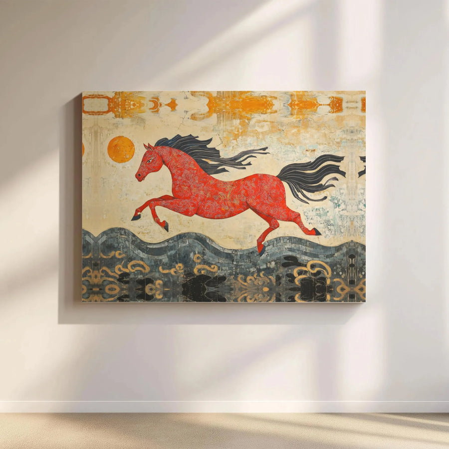 Red Horse Canvas Wall Art | Vintage Folk Art Leaping Horse Print | Premium 1.25" Gallery Wrap | Equestrian Home Decor Gift
