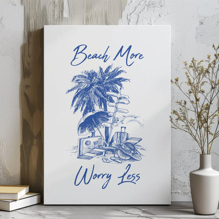 Beach More Worry Less Canvas Print | Palm Tree Travel Sketch Art | Gallery Wrap Premium Decor | Coastal Wall Art For Beach House Lovers