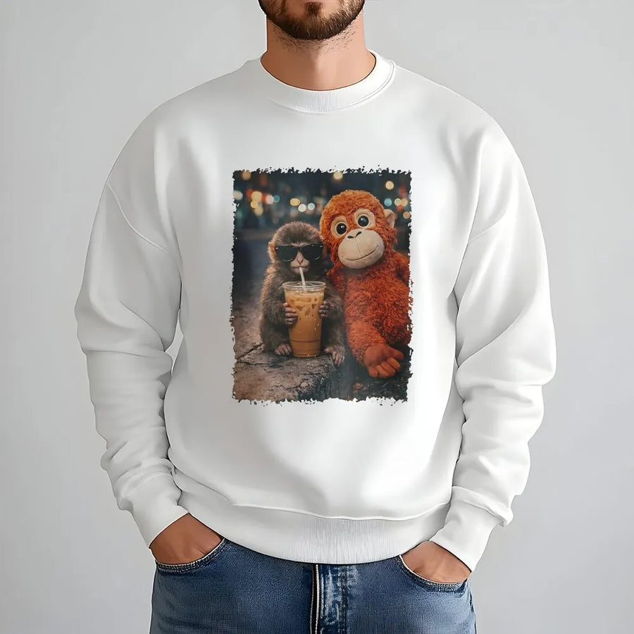 Monkey Iced Coffee Sweatshirt | Funny Animal Graphic Print | Soft Cotton Blend Unisex Pullover | Cute Aesthetic Gift for Coffee Lovers