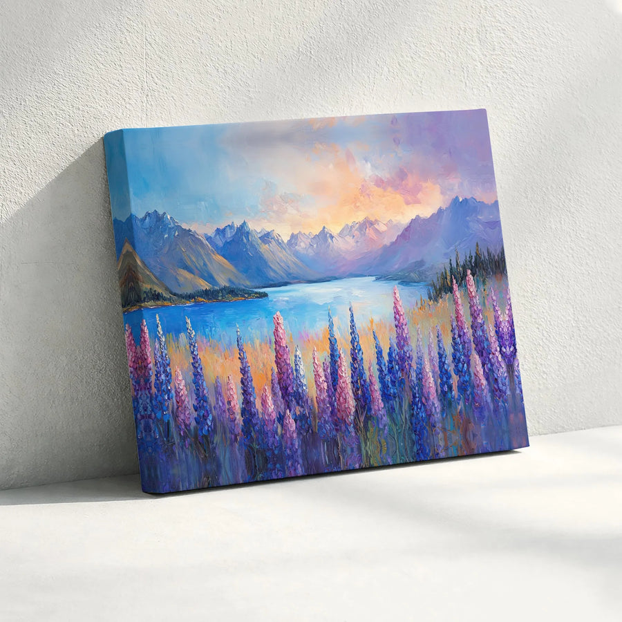 Mountain Lake Canvas Wall Art | Purple Lupine Wildflower Landscape | Gallery-Wrapped Premium Print | Nature Home Decor Gift