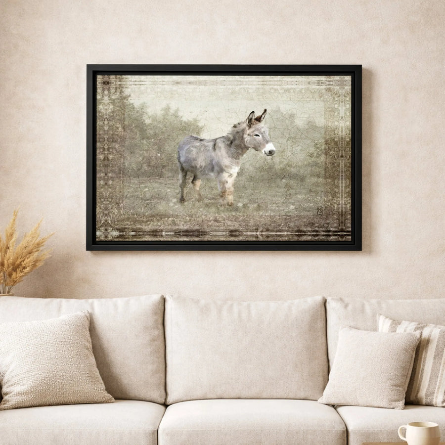 Grey Donkey Canvas Wall Art | Vintage Rustic Farmhouse Portrait | Premium Fade-Resistant Gallery Wrap | Farm Animal Decor for Country Home Gift