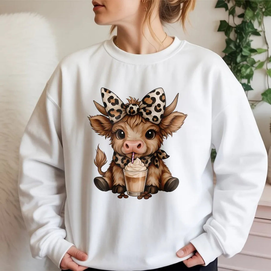 Highland Cow Coffee Sweatshirt | Leopard Bow Farmhouse Graphic | Premium Cotton Blend | Cute Animal Lover Gift For Women And Men