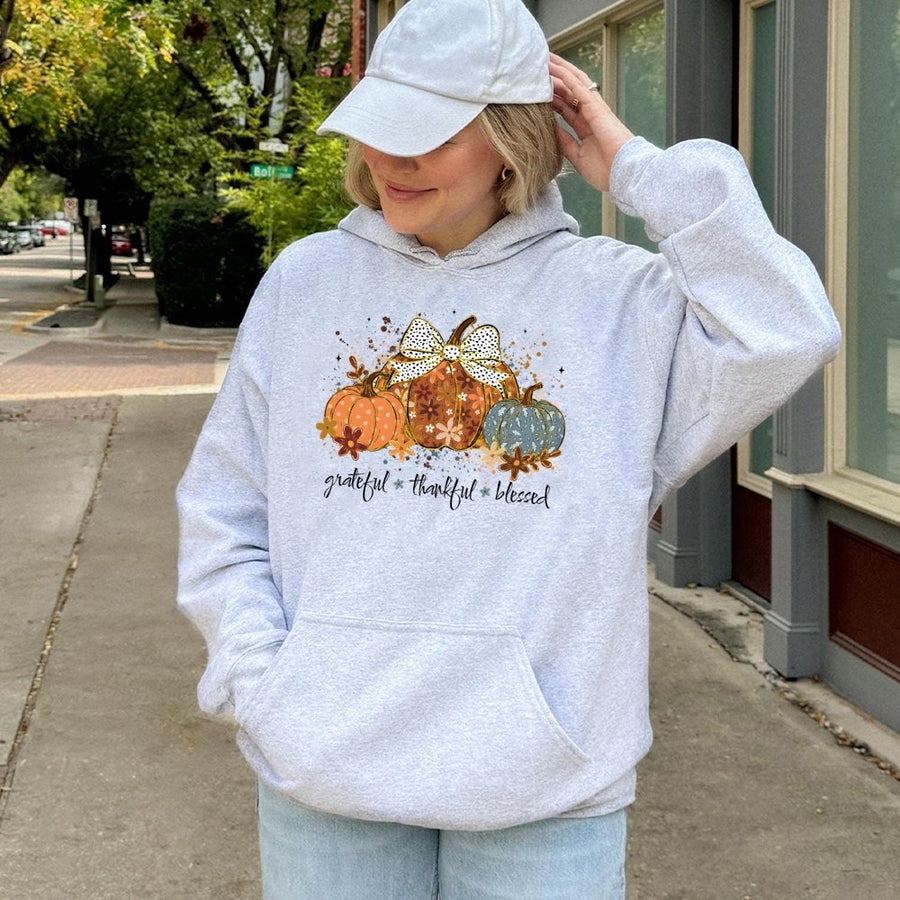 Grateful Thankful Blessed Hoodie | Cute Fall Pumpkin Floral Design | Premium Cotton-Blend Sweatshirt | Thanksgiving Gift for Her