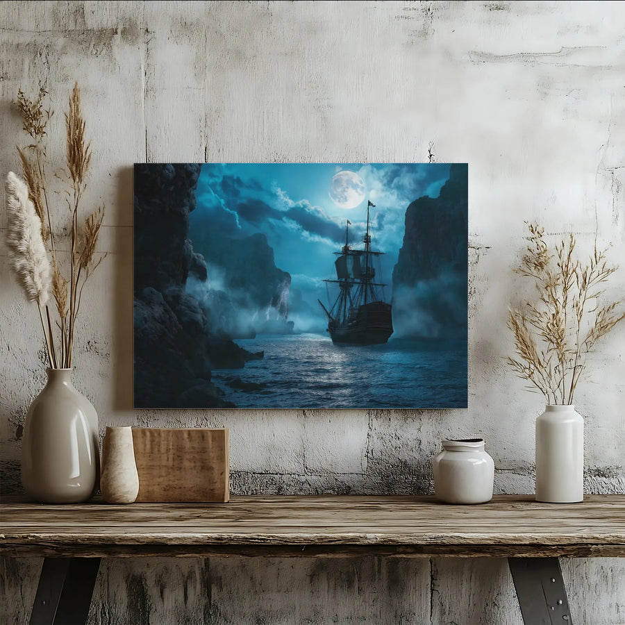 Pirate Ship Wall Art | Misty Ocean Nightscape | Premium Gallery Wrapped Canvas | Nautical Home Decor For Living Room And Office