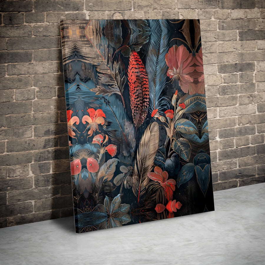 Dark Botanical Canvas Print | Moody Jungle Floral and Feather Art | Fade-Resistant Gallery Canvas | Living Room & Bedroom Wall Decor Gift