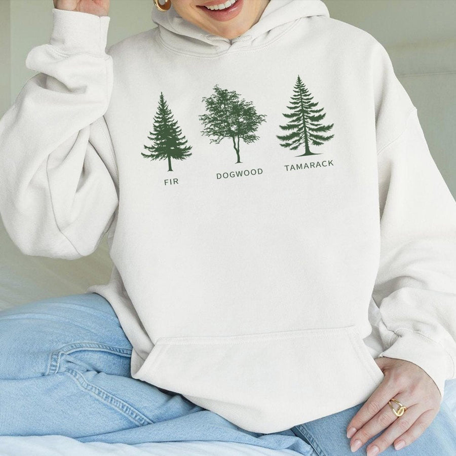 Forest Trees Hoodie | Fir Dogwood Tamarack Botanical Illustration | Premium Cotton Blend | Nature Lover Gift for Outdoorsmen and Women