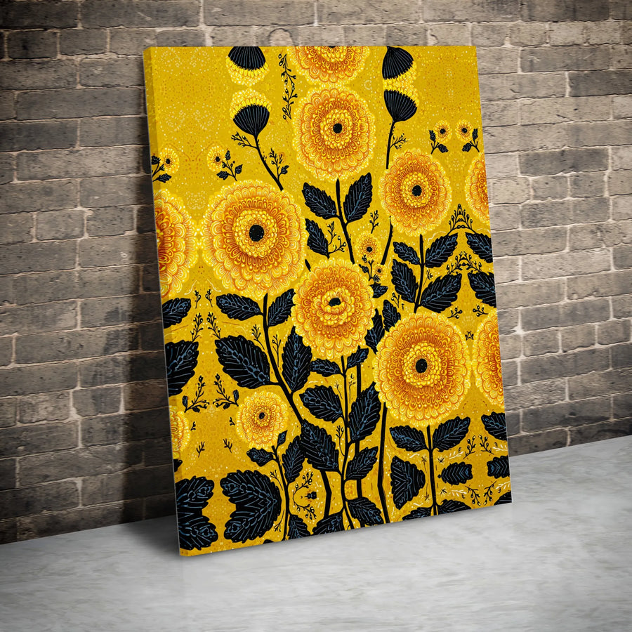 Yellow Marigold Floral Canvas Wall Art | Folk Art Botanical Pattern Print | Premium Gallery-Wrapped 1.25" Profile | Modern Home & Office Decor Gift