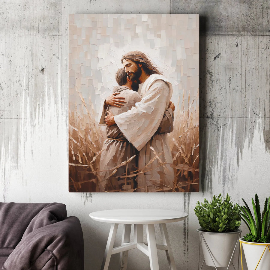 Jesus Hugging Prodigal Son Wall Art | Oil Painting Style Canvas Print | Gallery Quality 1.25 Inch Wrap | Christian Home Decor Gift