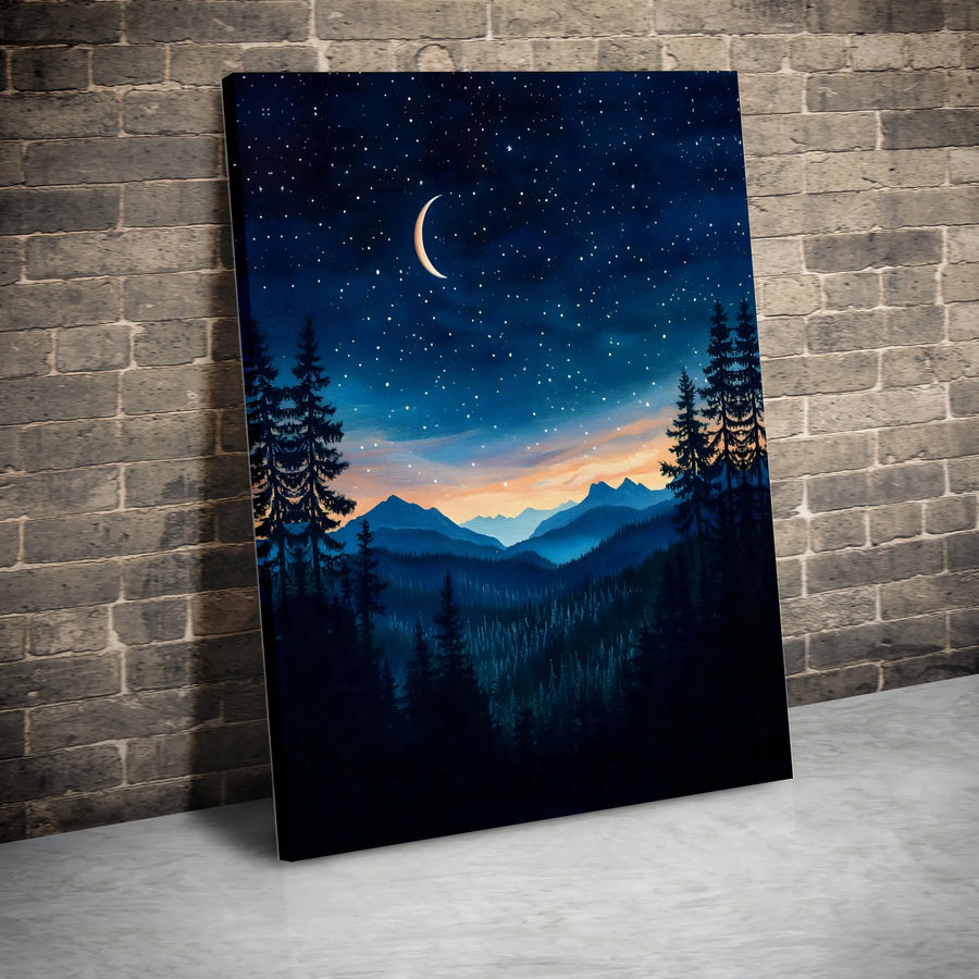 Mountain Night Sky Canvas Print | Crescent Moon & Starry Forest Scene | Premium Gallery Wrapped Art | Rustic Cabin Decor Gift for Nature Lovers