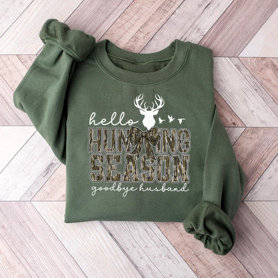 Hello Hunting Season Goodbye Husband Sweatshirt | Camo Coquette Bow Graphic | Premium Cotton Blend | Funny Deer Hunter Wife Gift for Her
