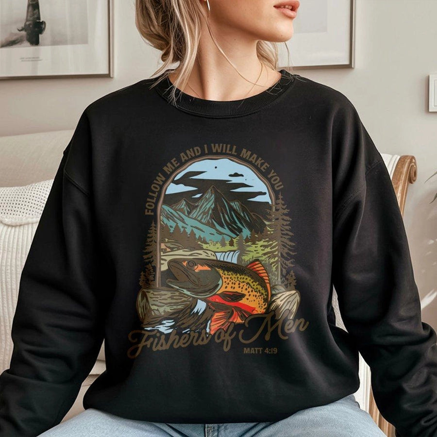 Fishers Of Men Sweatshirt | Matthew 4:19 Bible Verse Graphic | Premium Cotton Blend | Christian Fishing Gift For Men And Women