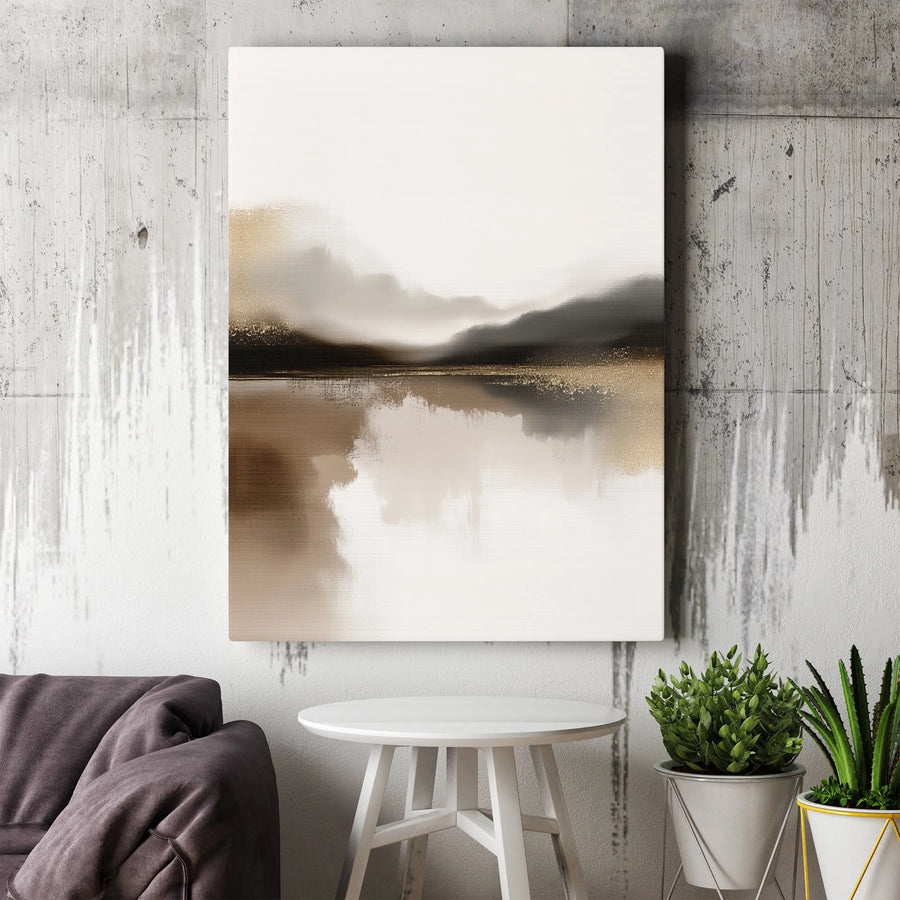 Abstract Landscape Canvas Wall Art | Misty Mountain Reflection with Gold Accents | Premium Gallery Wrapped Canvas | Modern Living Room & Office Decor Gift