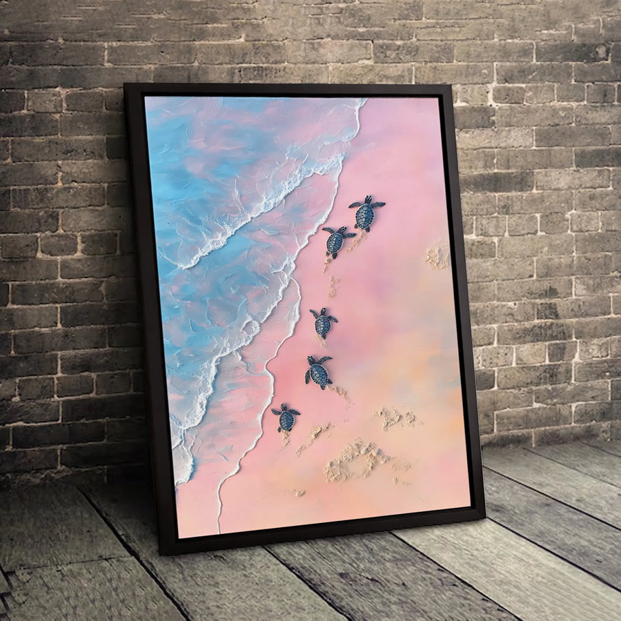 Baby Sea Turtles Wall Art | Pink Sand Beach Ocean Print | Gallery Wrapped 1.25" Canvas | Coastal Home Decor Nursery Gift