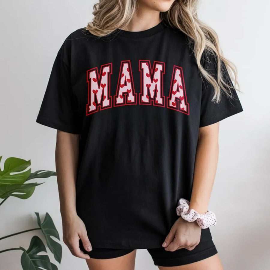 Mama T-Shirt | Heart Pattern Varsity Lettering | Soft Cotton Graphic Tee | Trendy Mom Gift for Valentine's Day