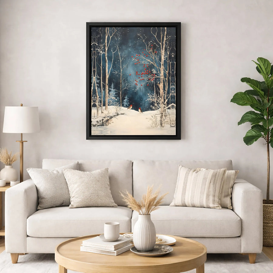 Winter Cardinal Canvas Wall Art | Snowy Birch Forest Nightscape | Premium Gallery Wrapped Print | Festive Holiday Home Decor
