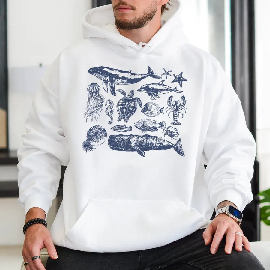 Vintage Sea Animals Hoodie | Marine Life Scientific Illustration | Premium Cotton Blend | Gift for Ocean Lover