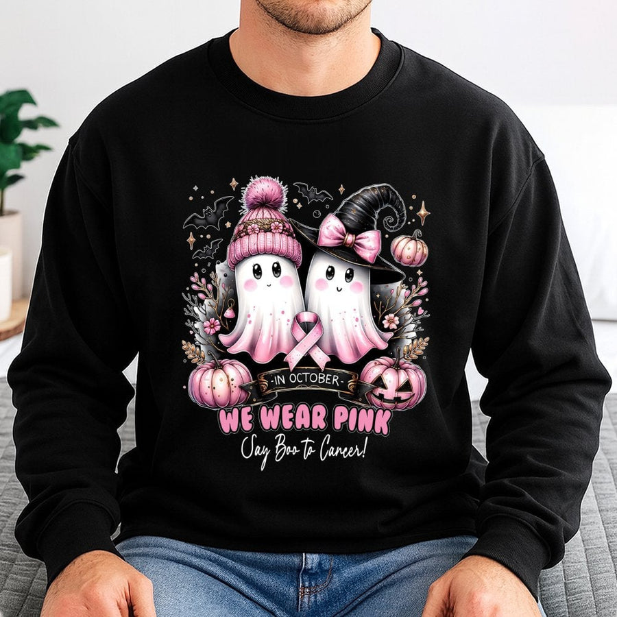 We Wear Pink Halloween Sweatshirt | Breast Cancer Awareness Cute Ghost Design | Soft Cotton Blend | Gift For Cancer Fighters Survivors