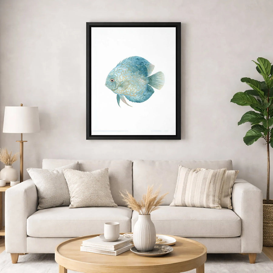 Discus Fish Watercolor Canvas Wall Art | Blue and Gold Tropical Fish Print | Premium Gallery Wrapped 1.25" Profile | Coastal Home Decor Gift