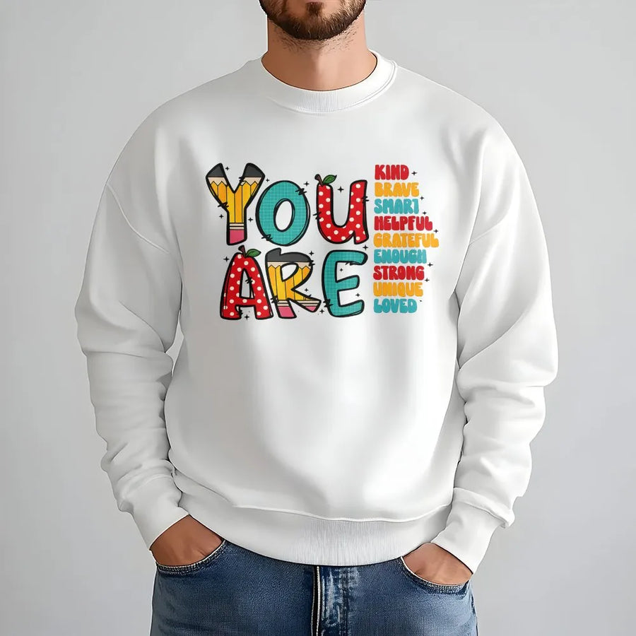 You Are Kind Teacher Sweatshirt | Retro School Doodles Graphic | Premium Cotton Blend | Inspirational Gift for Teachers and Educators