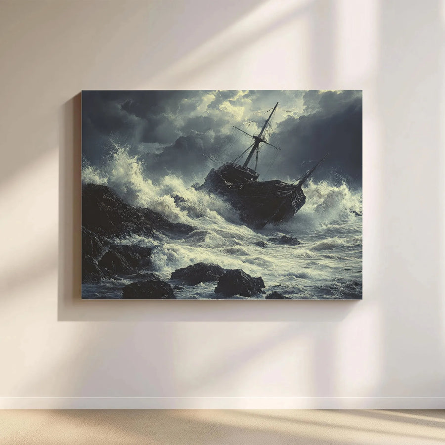 Shipwreck Wall Art Canvas | Dramatic Stormy Sea With Crashing Waves | 1.25” Thick Gallery Wrap | Moody Nautical Decor For Living Room