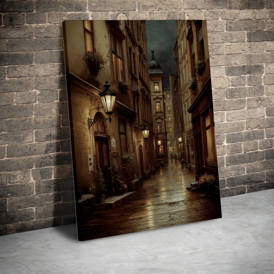 European Street Canvas Print | Rainy Night Old Town Architecture | Gallery Quality Thick Profile | Vintage Aesthetic Home Decor Wall Art
