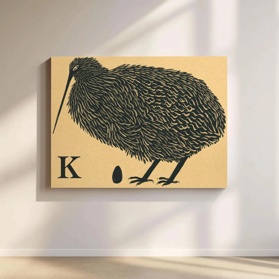 Kiwi Bird Alphabet Wall Art | K for Kiwi Linocut Style Print | Premium Gallery Wrap Canvas | Nursery Decor or Wildlife Gift