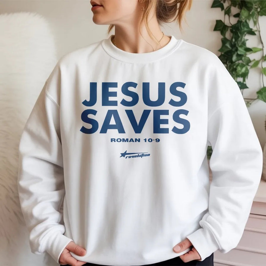 Jesus Saves Sweatshirt | Romans 10:9 Minimalist Christian Quote | Premium Cotton Blend Crewneck | Religious Faith Gift For Men And Women