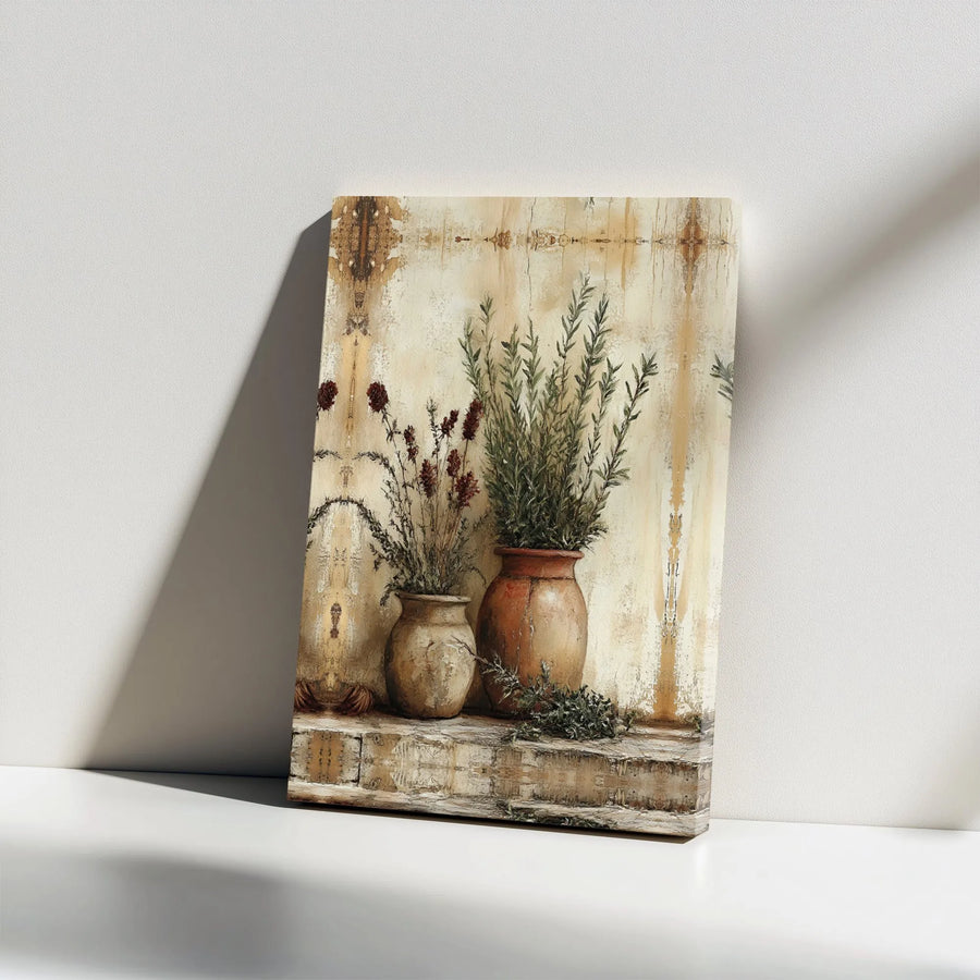 Rustic Herb Canvas Wall Art | Vintage Terracotta Pots Still Life | Premium Gallery Wrapped Canvas | Farmhouse Kitchen and Dining Room Decor Gift