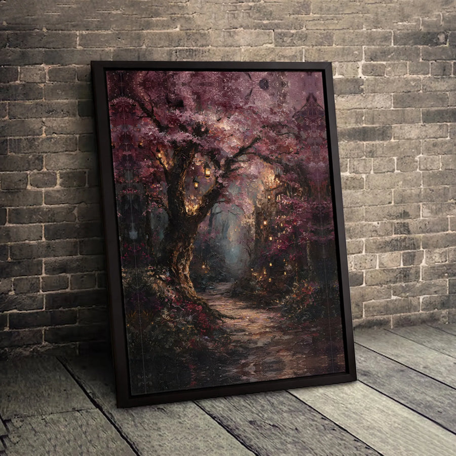 Enchanted Forest Canvas Wall Art | Whimsical Cherry Blossom Path with Glowing Lanterns | Premium Gallery Wrapped Decor | Gift for Fantasy Art Lovers