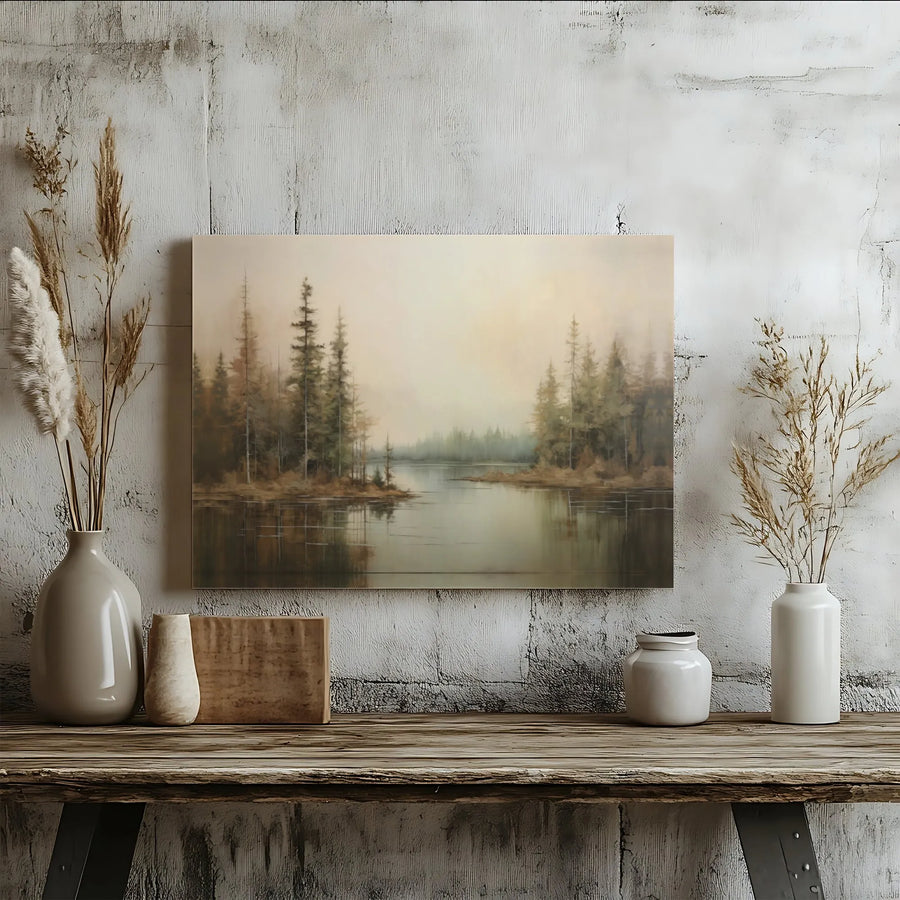 Misty Forest Landscape Canvas | Moody Pine Lake Reflection Wall Art | Premium 1.25-Inch Gallery Wrap | Nature Home Decor Gift for Living Room