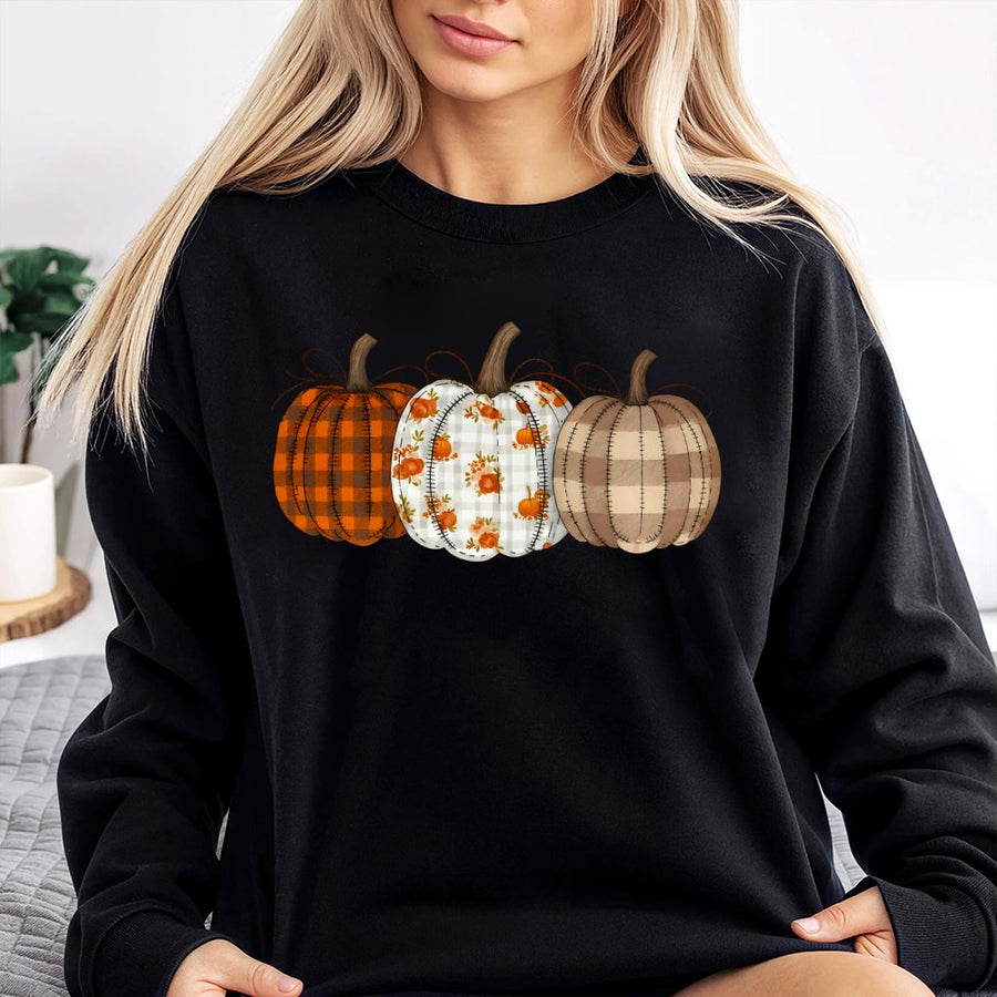 Fall Pumpkin Trio Sweatshirt | Plaid and Floral Autumn Graphic | Premium Cotton Blend | Cozy Thanksgiving Gift for Women