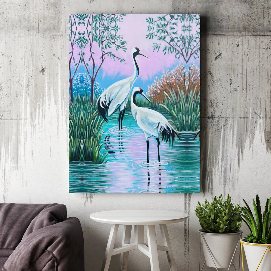 Japanese Crane Wall Art Canvas Print | Serene Red-Crowned Crane Painting | Premium Gallery Wrapped Canvas | Zen Inspired Home Decor Gift