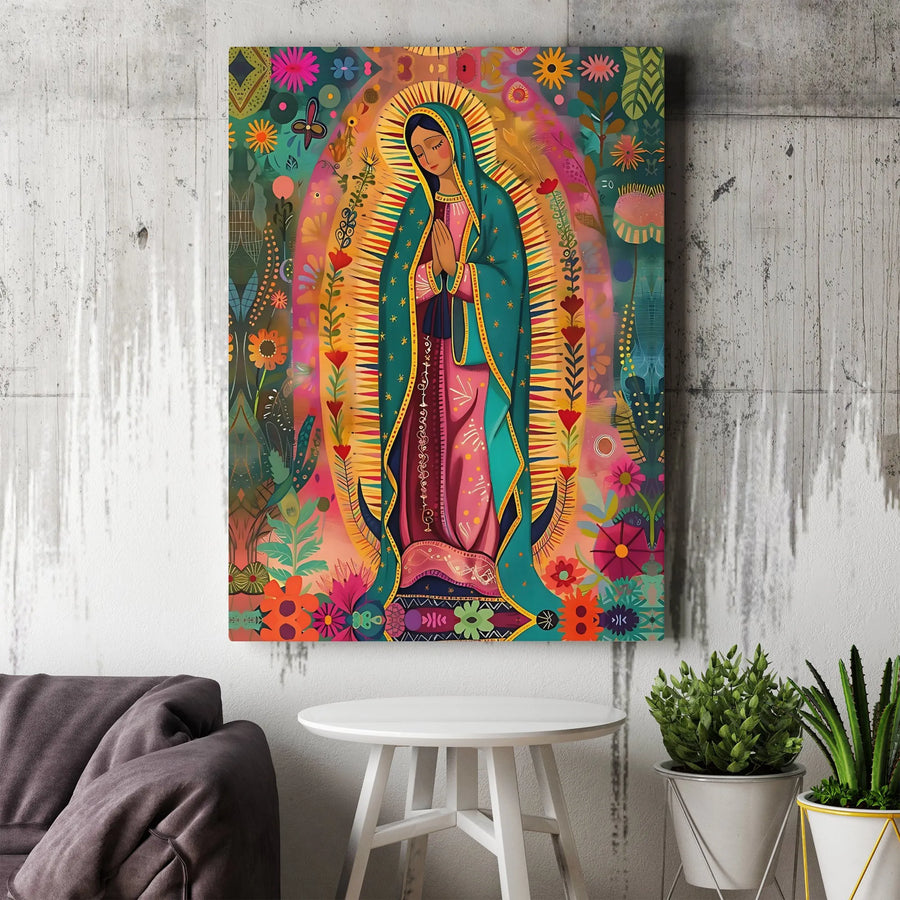 Our Lady Of Guadalupe Canvas Art | Vibrant Mexican Folk Art Floral Print | Premium Gallery-Wrapped Wall Decor | Religious Gift For Home And Office
