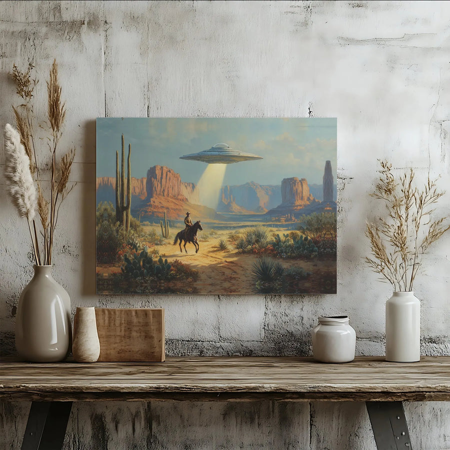 Cowboy UFO Canvas Wall Art | Surreal Alien Abduction Scene | Premium Gallery Wrap | Sci-Fi Fan Gift & Unique Home Decor