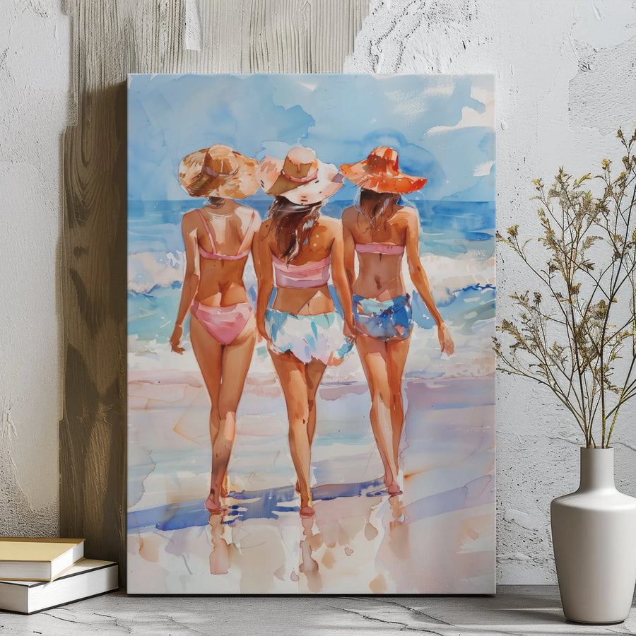 Beach Girls Wall Art | Watercolor Summer Ocean Print | 1.25” Thick Gallery Wrap Canvas | Coastal Home Decor Gift for Best Friends
