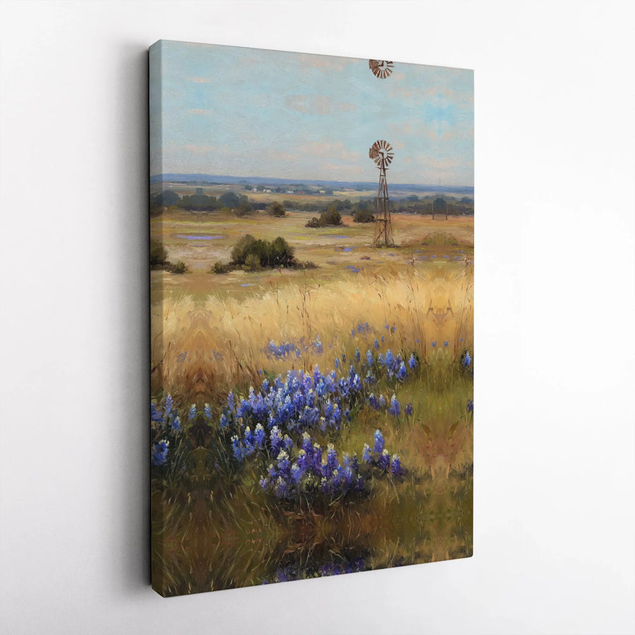 Texas Bluebonnet Canvas Wall Art | Vintage Farmhouse Windmill Painting | Premium Thick Gallery Wrap Canvas | Country Home Decor Gift