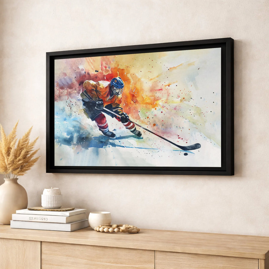 Ice Hockey Player Wall Art | Abstract Watercolor Sports Poster | Gallery-Quality 1.25” Thick Canvas | Gift for Hockey Fan or Man Cave Decor