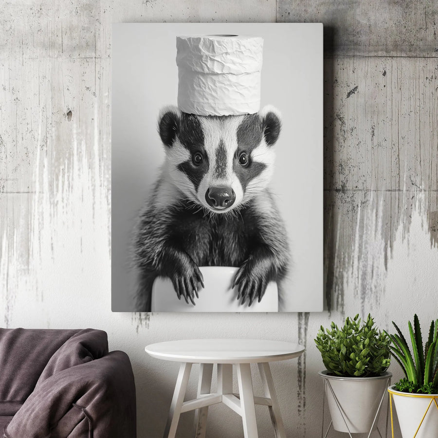 Funny Badger Wall Art | Black and White Animal Bathroom Decor | Premium Gallery Wrap Canvas | Quirky Home Office Gift for Animal Lovers