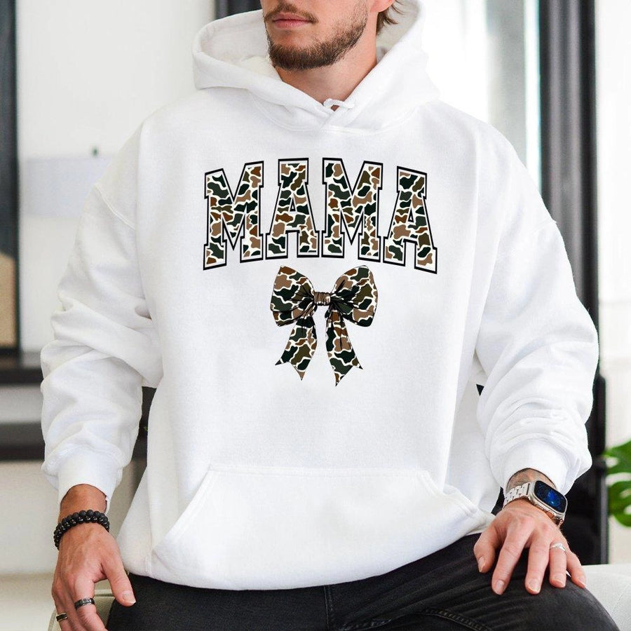 Camo Mama Hoodie | Trendy Coquette Bow Graphic | Premium Cotton Blend Sweatshirt | Gift for Mom, Mother's Day 2026, Birthday Present